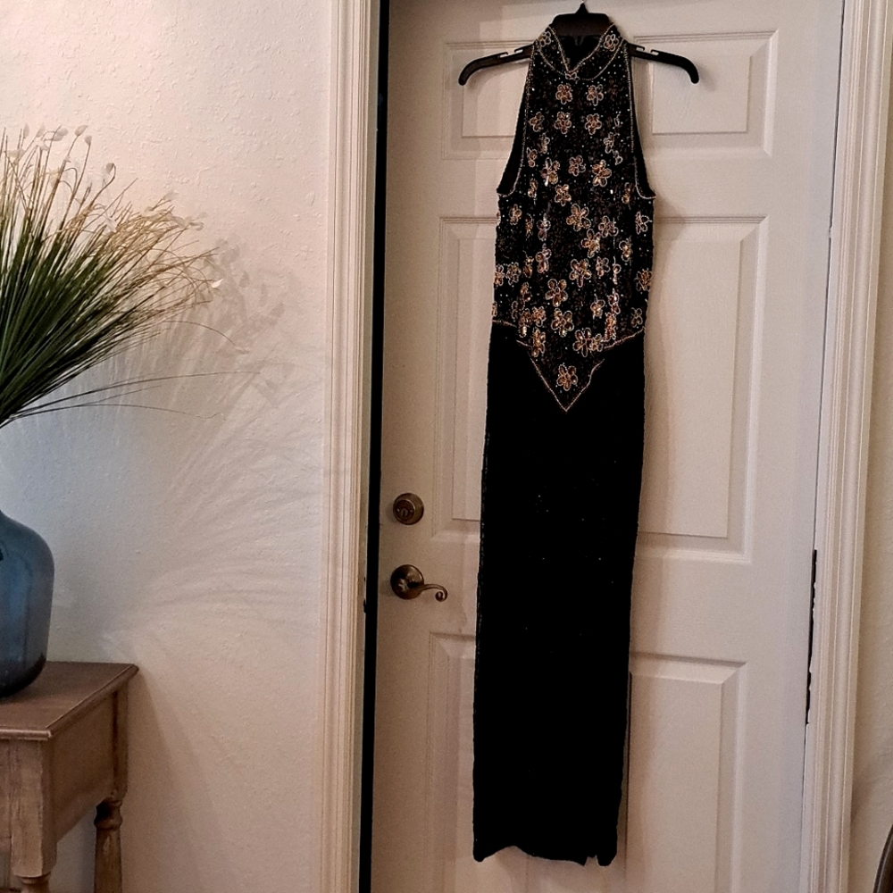 Vintage Laurence Kazar sequin beaded Dress Womens Size Small  Black Formal Maxi - Picture 7 of 15